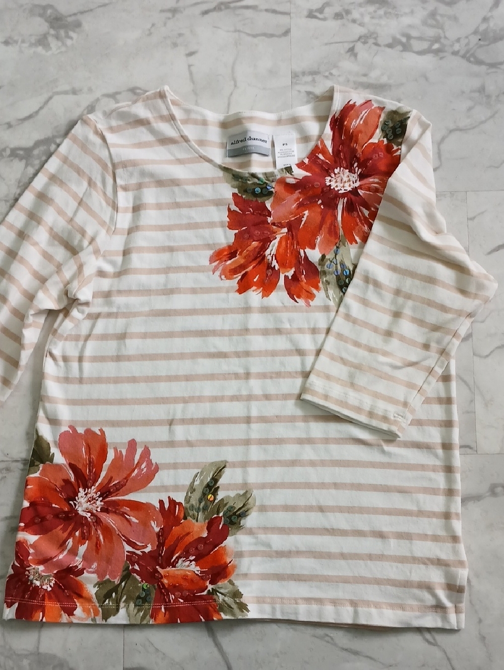 Alfred Dunner Striped Floral Long Sleeve Top - Cream & Red Floral